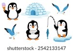 Antarctica illustration. Polar gulls, penguins and igloo.