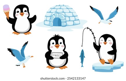 Ilustração da Antártida. Gaivotas polares, pinguins e iglu.