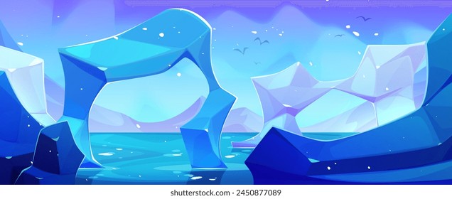 Antarctica landscape with ice floe and mountains, blue sea or ocean water and northern light in sky. Cartoon vector illustration of arctic scenery with iceberg. Polar horizon with snow and glacier.