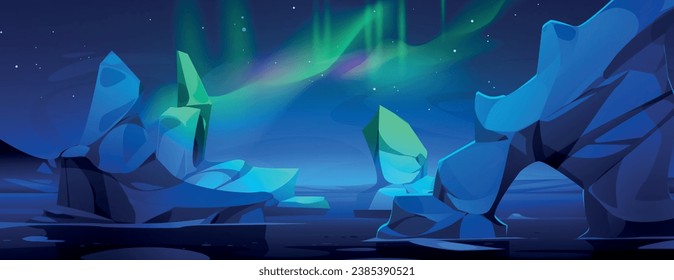 Antarctica landscape with ice mountains and green aurora borealis in sky. Cartoon vector polar scenery with northern lights in starry sky under iceberg and glacier rocks floating in sea or ocean.