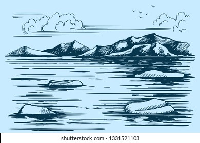  Antarctica landscape. Icebreaker in the ice. Iceberg sketch. Vector illustration. The northern mountains on the horizon.