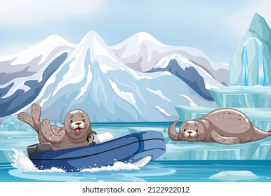 Antarctica landscape with seal in a boat illustration