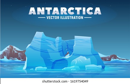 Antarctica landscape and view on iceberg with ice caves. Vector illustration for web and banner. Arctic illustration with snow mountains. South Pole expedition.