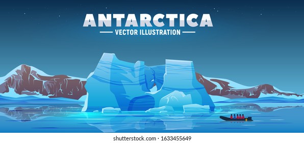 Antarctica landscape and view on iceberg with ice caves. Vector illustration for web and banner. Arctic illustration with snow mountains and people on ship. South Pole expedition.