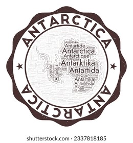 Antarctica logo. Beautiful country badge with word cloud in shape of Antarctica. Round emblem with country name. Radiant vector illustration.