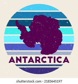 Antarctica logo. Sign with the map of the continent and colored stripes, vector illustration. Can be used as insignia, logotype, label, sticker or badge of Antarctica.