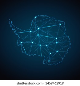 Antarctica Map - Abstract geometric mesh polygonal network line, structure and point scales on dark background with lights in the form of cities. Vector illustration eps 10.