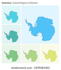 Antarctica. Map collection. Continent shape. Colored countries. Light Blue, Cyan, Teal, Green, Light Green, Lime color palettes. Border of Antarctica with countries. Vector illustration.