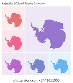 Antarctica. Map collection. Continent shape. Colored countries. Deep Purple, Red, Pink, Purple, Indigo, Blue color palettes. Border of Antarctica with countries. Vector illustration.