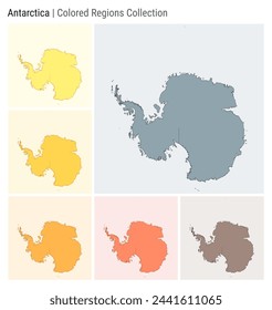 Antarctica. Map collection. Continent shape. Colored countries. Blue Grey, Yellow, Amber, Orange, Deep Orange, Brown color palettes. Border of Antarctica with countries. Vector illustration.