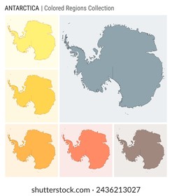 Antarctica map collection. Country shape with colored regions. Blue Grey, Yellow, Amber, Orange, Deep Orange, Brown color palettes. Border of Antarctica with provinces for your infographic.