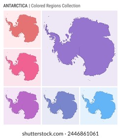 Antarctica map collection. Country shape with colored regions. Deep Purple, Red, Pink, Purple, Indigo, Blue color palettes. Border of Antarctica with provinces for your infographic.