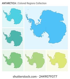 Antarctica map collection. Country shape with colored regions. Light Blue, Cyan, Teal, Green, Light Green, Lime color palettes. Border of Antarctica with provinces for your infographic.