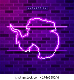 Antarctica map glowing neon lamp sign. Realistic vector illustration. Country name plate. Purple brick wall, violet glow, metal holders.