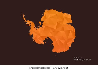Mapa de la Antártida: Vector de polígono bajo, silueta triangulada geométrica en tonos naranja y marrón oscuro, estilo infográfico moderno y limpio, fondo aislado.
