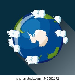 Antarctica map on planet Earth, view from space. Antarctica globe icon. Planet Earth globe map with blue ocean, continents and clouds around. Cartoon style  flat vector illustration.