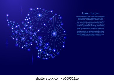 Antarctica map of polygonal mosaic lines network, rays and space stars of vector illustration.