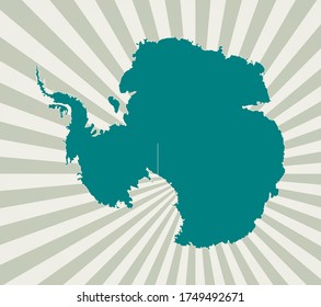 Antarctica map. Poster with map of the country in retro color palette. Shape of Antarctica with sunburst rays background. Vector illustration.