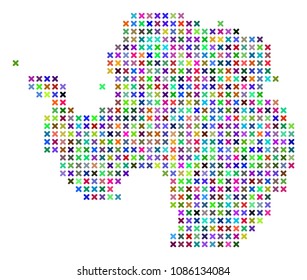 Antarctica map. Vector collage of geographic scheme. Regular pattern is composed with x-cross items in random colors. Abstract pixelated Antarctica map designed for political and economical posters.