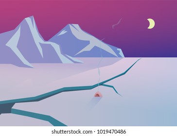 Antarctica. Mountains, tent and moon.