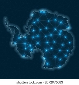 Antarctica network map. Abstract geometric map of the country. Digital connections and telecommunication design. Glowing internet network. Creative vector illustration.