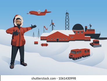 Antarctica and North Pole. Polar Explorer at the research station. Offshore oil production. Vector illustration.