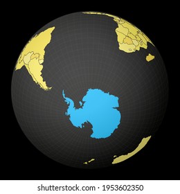 Antarktis auf dunklem Globus mit gelber Weltkarte. Land mit blauer Farbe hervorgehoben. Satellitenweltprojektion im Zentrum der Antarktis. Tolle Vektorgrafik.