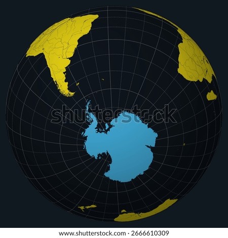 Antarctica on Globe. Country view on the world map in Charcoal Bright Yellow color palette. Antarctica shape on map. Globe with meridians, parallels, countries, rivers and lakes.