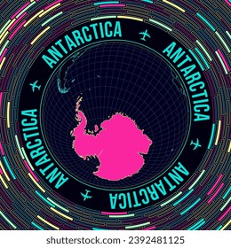 Antarctica on globe. Satelite view of the world centered to Antarctica. Bright neon style. Futuristic radial bricks background. Attractive vector illustration.