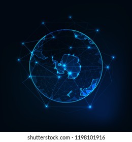 Antarctica on Planet Earth view from space with continents outlines abstract background. Globalization, connection concept. Low poly wireframe, lines and dots glowing design. Vector illustration. 