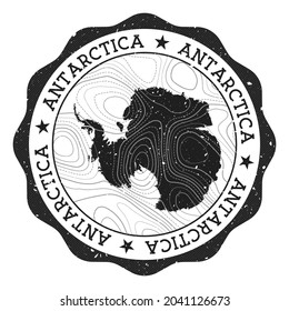 Antarctica outdoor stamp. Round sticker with map of country with topographic isolines. Vector illustration. Can be used as insignia, logotype, label, sticker or badge of the Antarctica.