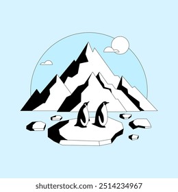 Antártica, ou uma parte do antigo supercontinente Gondwana, retratada com dois pinguins em um estilo de design plano.