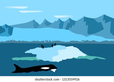 Antarctica with penguins and whale