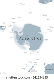 Antarctica political map. The Antarctic polar region around the Earth South Pole with islands and ice shelves. Gray illustration with English labeling on white background. Vector.