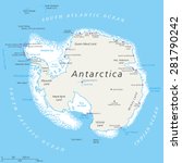 Antarctica Political Map with south pole, scientific research stations and ice shelfs. English labeling and scaling. Illustration.