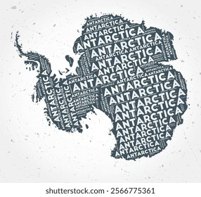 Antarctica regions word cloud in a typographic style on a textured background. Elegant vector illustration.