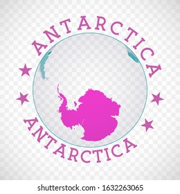 Antarctica round logo. Badge of country with map of Antarctica in world context. Country sticker stamp with globe map and round text. Awesome vector illustration.