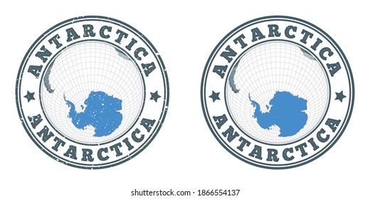 Antarctica round logos. Circular badges of country with map of Antarctica in world context. Plain and textured country stamps. Vector illustration.