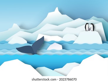 Antarctica scenery with glaciers, emperor penguin family on iceberg and whale in ocean water, vector illustration in paper art style. South Pole landscape. Antarctica wildlife.