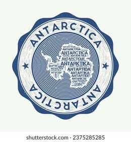 Antarctica seal. Country round logo with shape of Antarctica and country name in multiple languages wordcloud. Beautiful emblem. Stylish vector illustration.