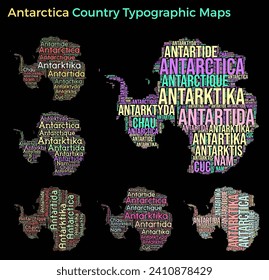 Antarctica. Set of typography style country illustrations. Antarctica map shape build of horizontal and vertical country names. Vector illustration.