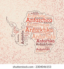 Antarctica shape with country names word cloud in multiple languages. Antarctica border map on powerful triangles scattered around. Artistic vector illustration.