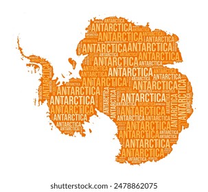 Antarctica shape. Country word cloud with region division. Antarctica colored illustration. Region names cloud. Vector illustration.