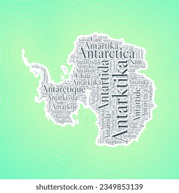 Antarctica shape formed by country name in multiple languages. Antarctica border on stylish striped gradient background. Vibrant poster. Stylish vector illustration.