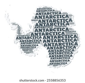 Antarctica shape text cloud. Country border with shadow on white background. Antarctica with regions division in vintage gazette style. Amazing vector illustration.