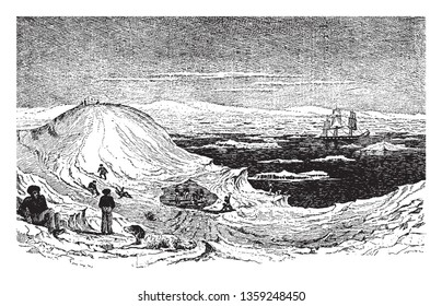 Antarctica is the southernmost continent and site of the South Pole which is a virtually uninhabited ice covered landmass, vintage line drawing or engraving illustration.