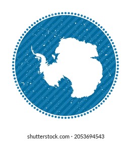 Antarctica striped retro travel sticker. Badge with map of the continent, vector illustration. Can be used as insignia, logotype, label, sticker or badge of Antarctica.