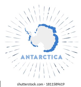 Antarctica sunburst badge. The country sign with map and Antarctica flag. Colorful rays around the logo. Vector illustration.