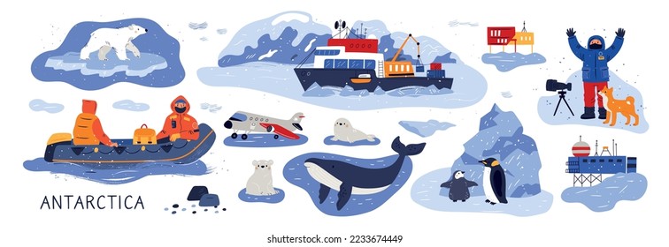 Antarctica vector illustration in cartoon style. Education picture of Antarctica and North Pole with animals, scientists, discovery arctic ocean, flora and fauna. Polar explorer collection