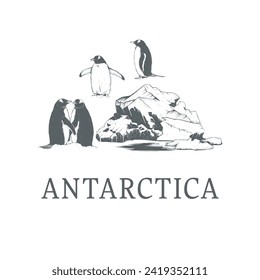 Antarctica vector illustration in engraving style. Antarctica, iceberg and penguins hand drawing